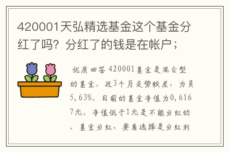 420001天弘精选基金这个基金分红了吗?分红了的钱是在帐户;里还是继续投入基金里了那?